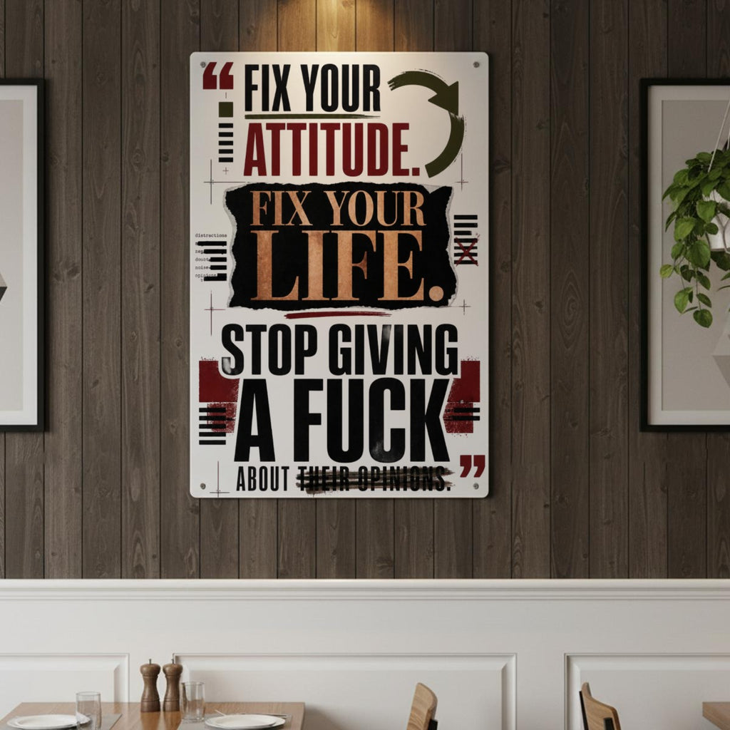 Fix Your Attitude. Fix Your Life. Stop Giving a Fuck About Their Opinions. – Funny Motivational Metal Tin Sign | Reality Check Project | Office & Home Wall Decor