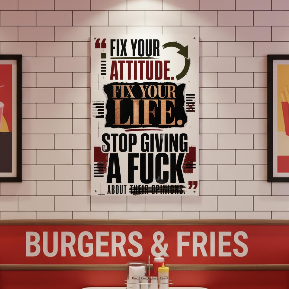 Fix Your Attitude. Fix Your Life. Stop Giving a Fuck About Their Opinions. – Funny Motivational Metal Tin Sign | Reality Check Project | Office & Home Wall Decor