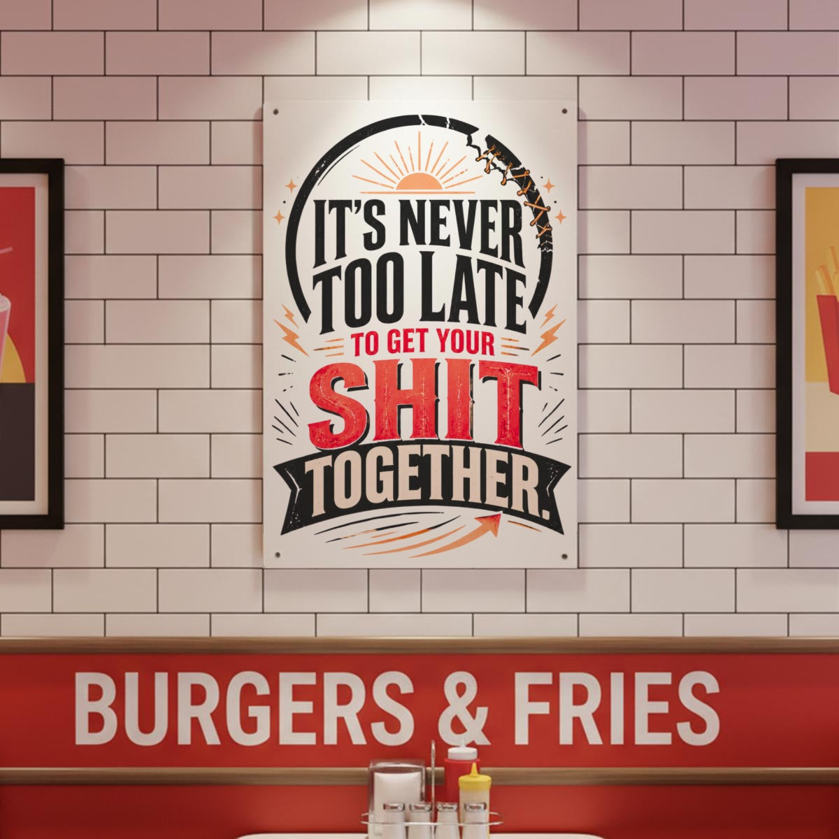 It’s Never Too Late Metal Sign – Get Your Shit Together Motivational Wall Decor