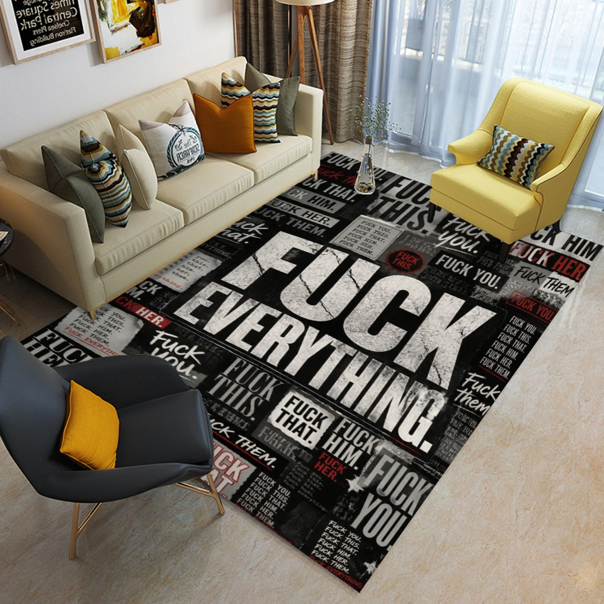 "Fuck Everything" Grunge Area Rug – Funny Adult Floor Mat | Gothic Home Decor | Non-Slip Polyester R