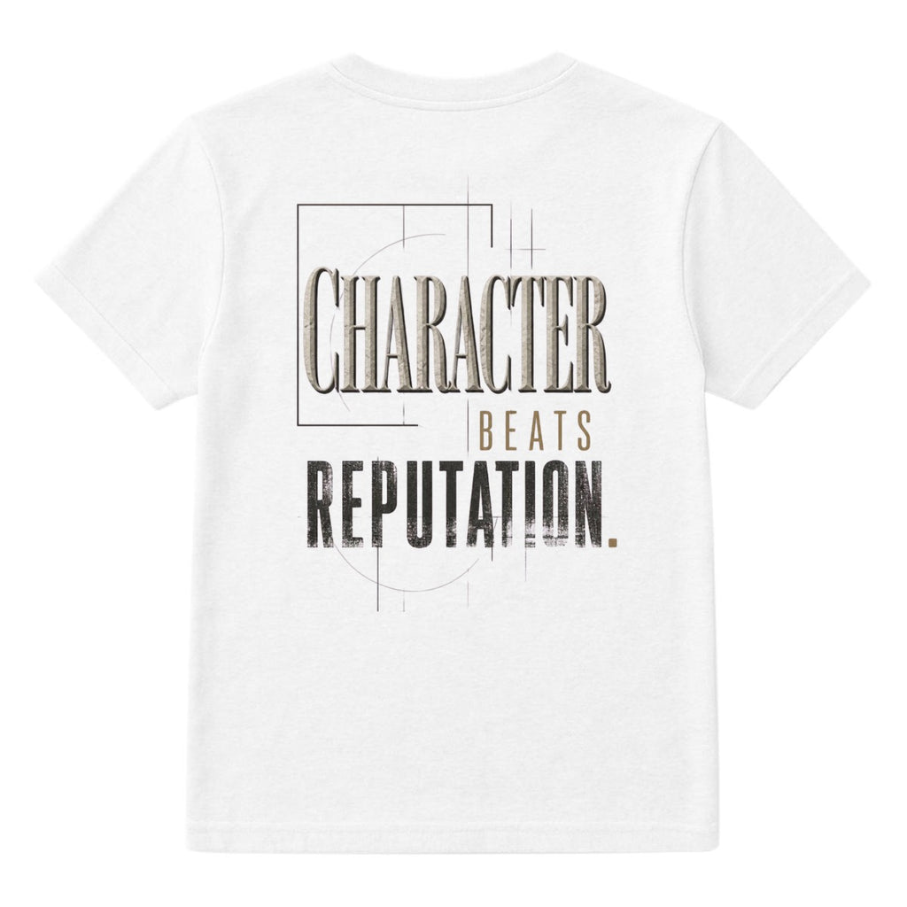 Character Beats Reputation T-Shirt – Minimalist Double-Sided Motivational Graphic Tee