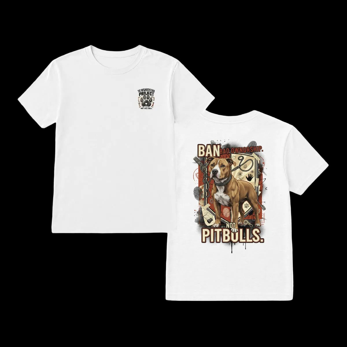 A white short-sleeve t-shirt shown from both the front and back. The front features a small black and white graphic on the left chest.
