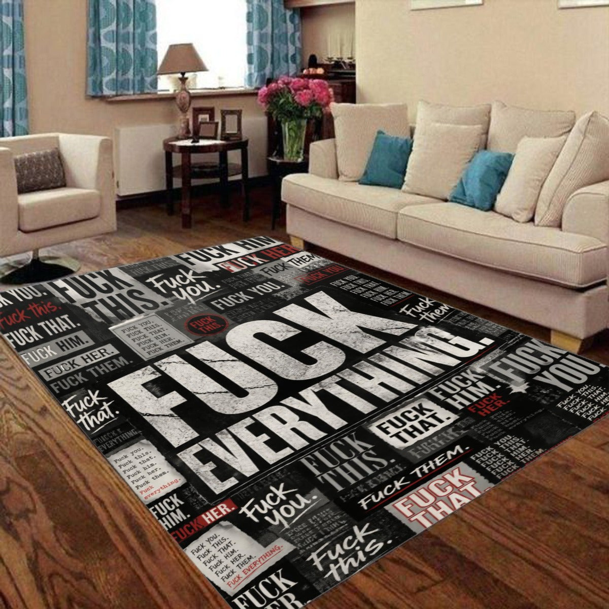 "Fuck Everything" Grunge Area Rug – Funny Adult Floor Mat | Gothic Home Decor | Non-Slip Polyester R