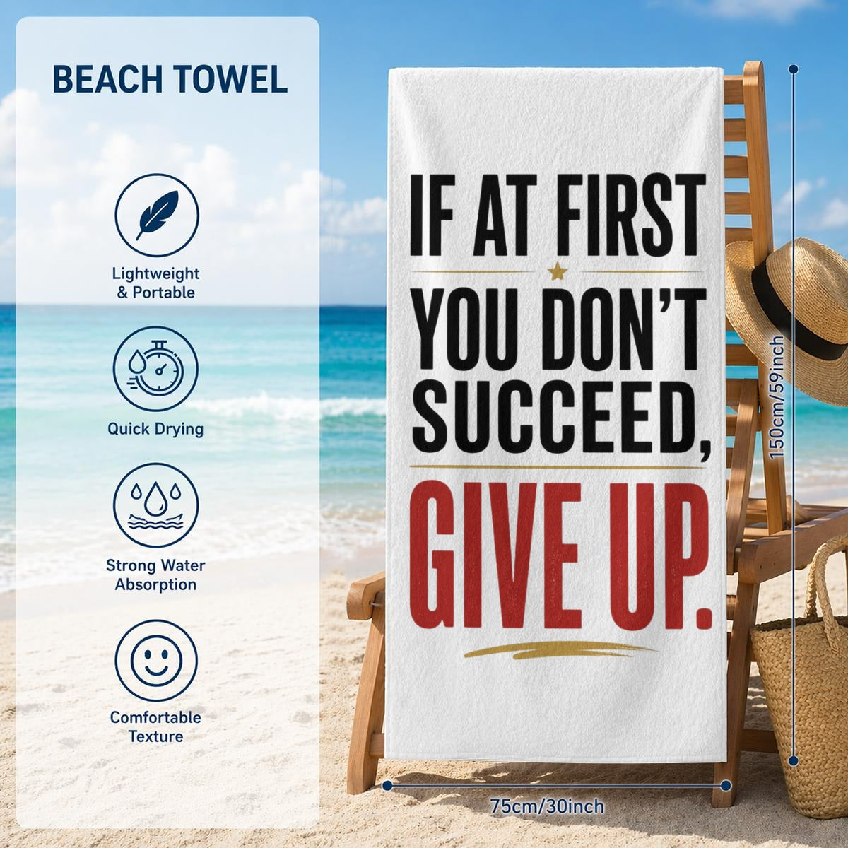 If at First You Don’t Succeed, Give Up Beach Towel – Funny Sarcastic Quote Pool & Travel Towel